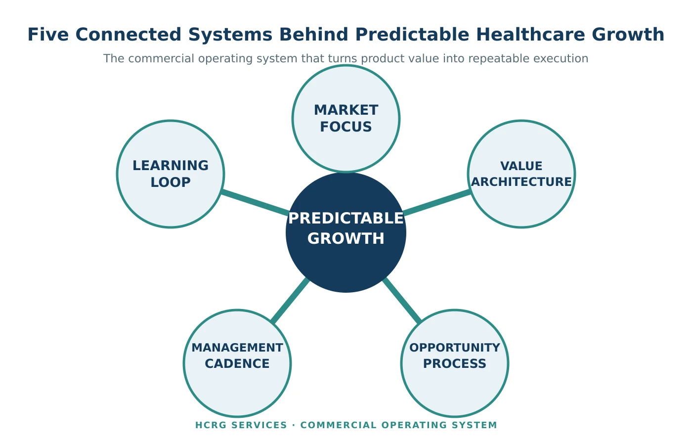 Five connected commercial systems—market focus, value architecture, opportunity process, management cadence and learning loop—surround predictable growth.